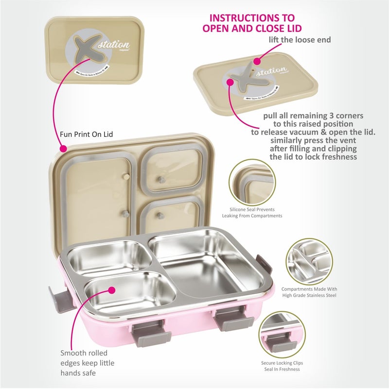 Nayasa X-Station Lunch Box | 750 ml | Stainless Steel Inner | Leakproof | Durable | Perfect for School Kids | 22.2 cm X 16.2 cm X 5.6 cm | Grey & Pink - Image 4