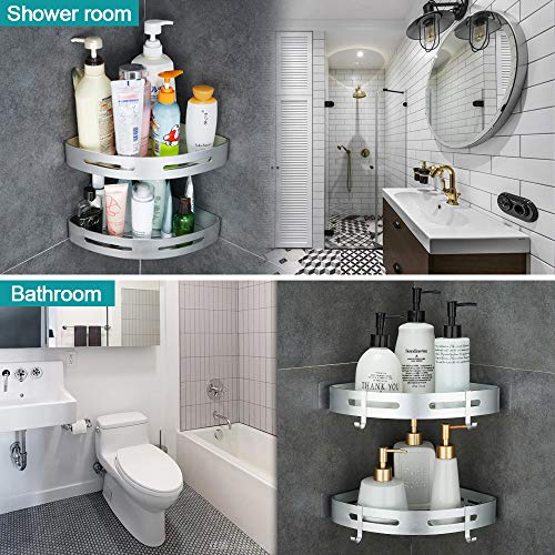 Hoomtaook Corner Caddy Bathroom Shower Shelf Wall Mounted No Drilling 2 Tier Storage Shelves Adhesive Triangle Baskets Silver Bathroom Kitchen Storage Basket - Image 3