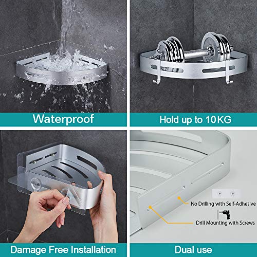 Hoomtaook Corner Caddy Bathroom Shower Shelf Wall Mounted No Drilling 2 Tier Storage Shelves Adhesive Triangle Baskets Silver Bathroom Kitchen Storage Basket - Image 2