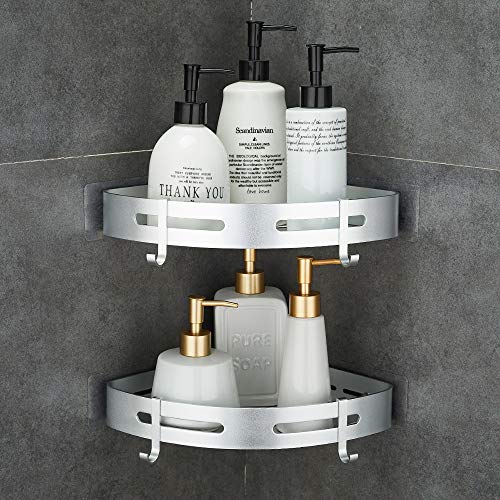 Hoomtaook Corner Caddy Bathroom Shower Shelf Wall Mounted No Drilling 2 Tier Storage Shelves Adhesive Triangle Baskets Silver Bathroom Kitchen Storage Basket - Image 1