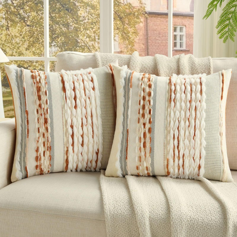 FUTEI Rust Beige Accent Throw Pillow Covers Set of 2, 18x18 Inch Plush Tufted Striped Textured Decorative Cushion Cases for Farmhouse Boho Couch Decor - Image 1