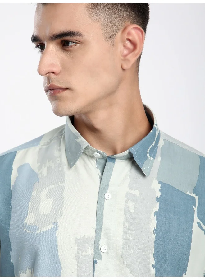 Beyoung Blue Brush Stroke Half Sleeve Viscose Shirt