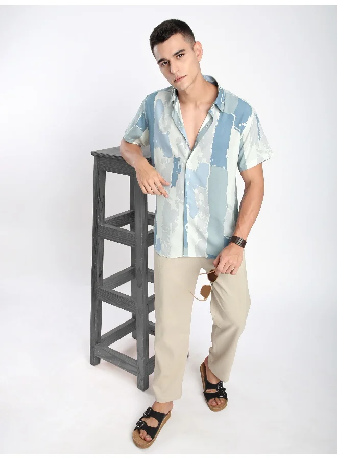 Beyoung Blue Brush Stroke Half Sleeve Viscose Shirt