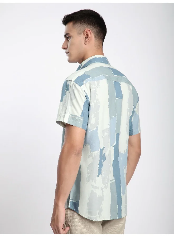 Beyoung Blue Brush Stroke Half Sleeve Viscose Shirt