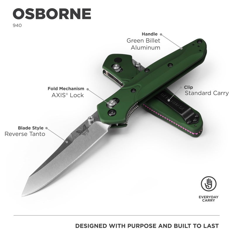 Benchmade بينش ميد - سكين أوزبورن 940 EDC بمقبض من الألمنيوم الأخضر 6061-T6 (940) - Image 2