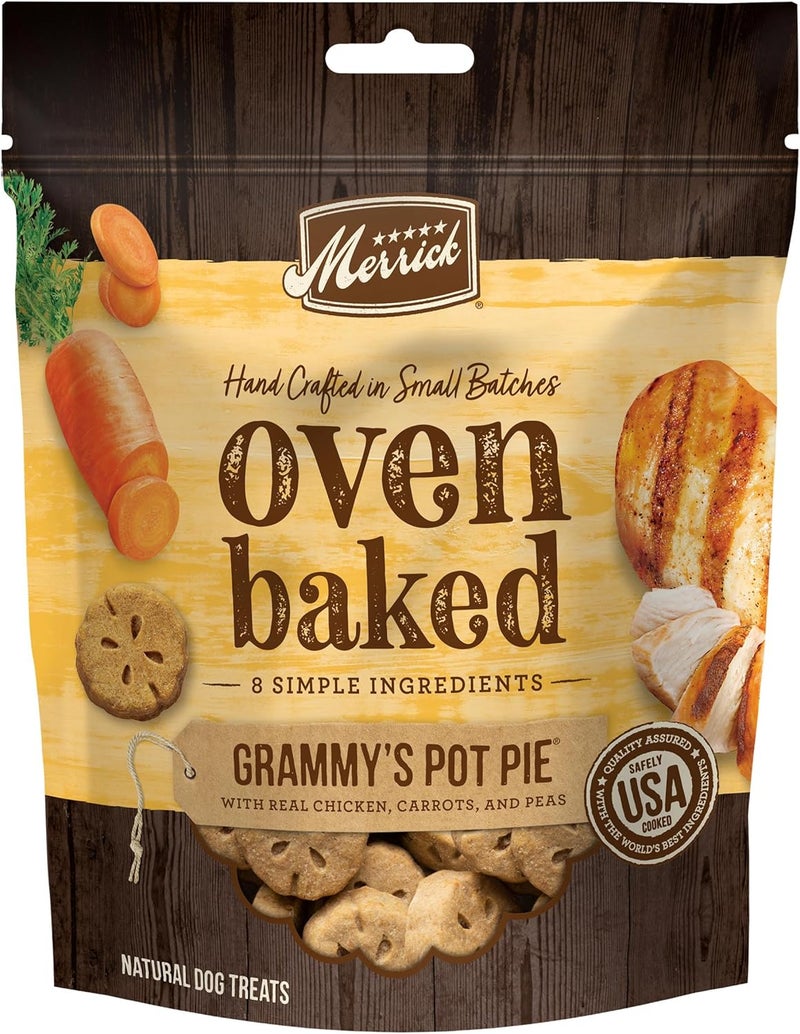 ميريك عبوة حلوى طبيعية ومقرمشة مخبوزة في الفرن من Merrick، حلوى دجاج للكلاب، حلوى Grammy’s Pot Pie بدجاج حقيقي – عبوة وزنها 11 أونصة - Image 1