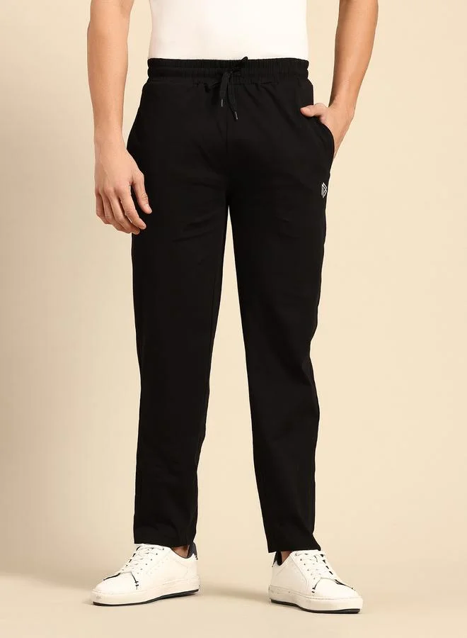 John Players Men Black Plain Cotton Joggers with Drawstring