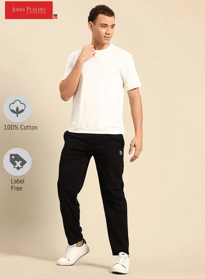 John Players Men Black Plain Cotton Joggers with Drawstring