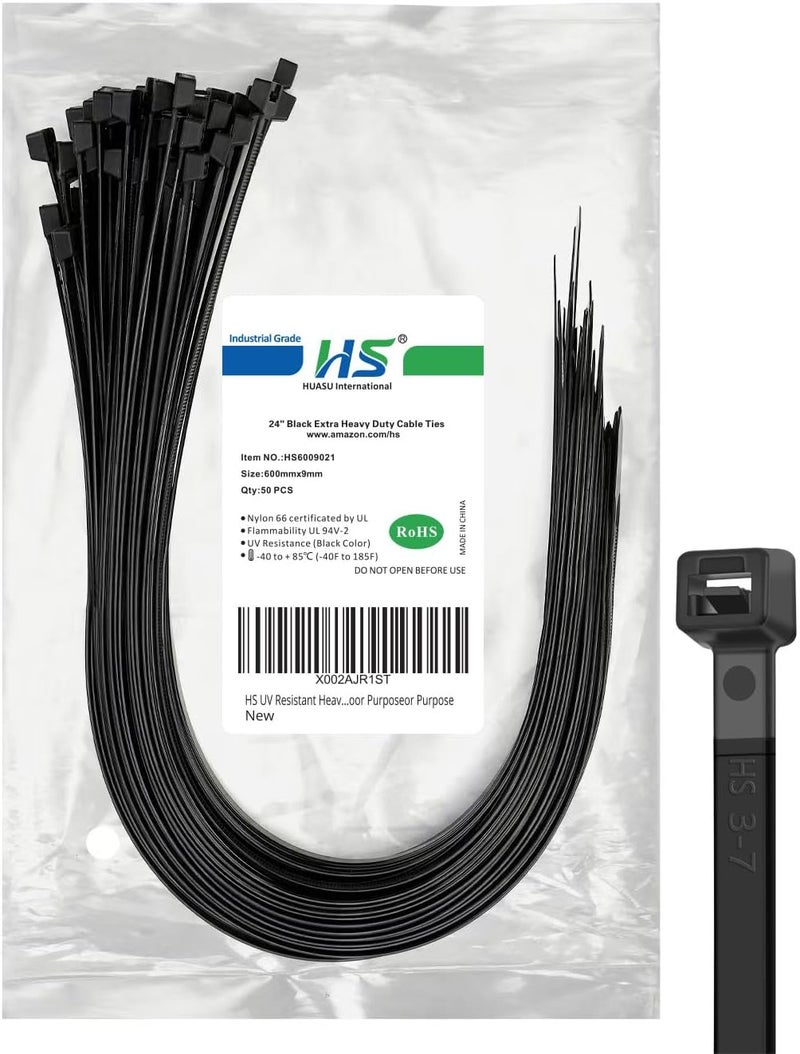 HS Extra Long Cable Zip Ties Heavy Duty 24 Inch, Strong Large Plastic ZipTies Big Straps 200 LBS UV Black 50 Pack,Outdoor Use - Image 1