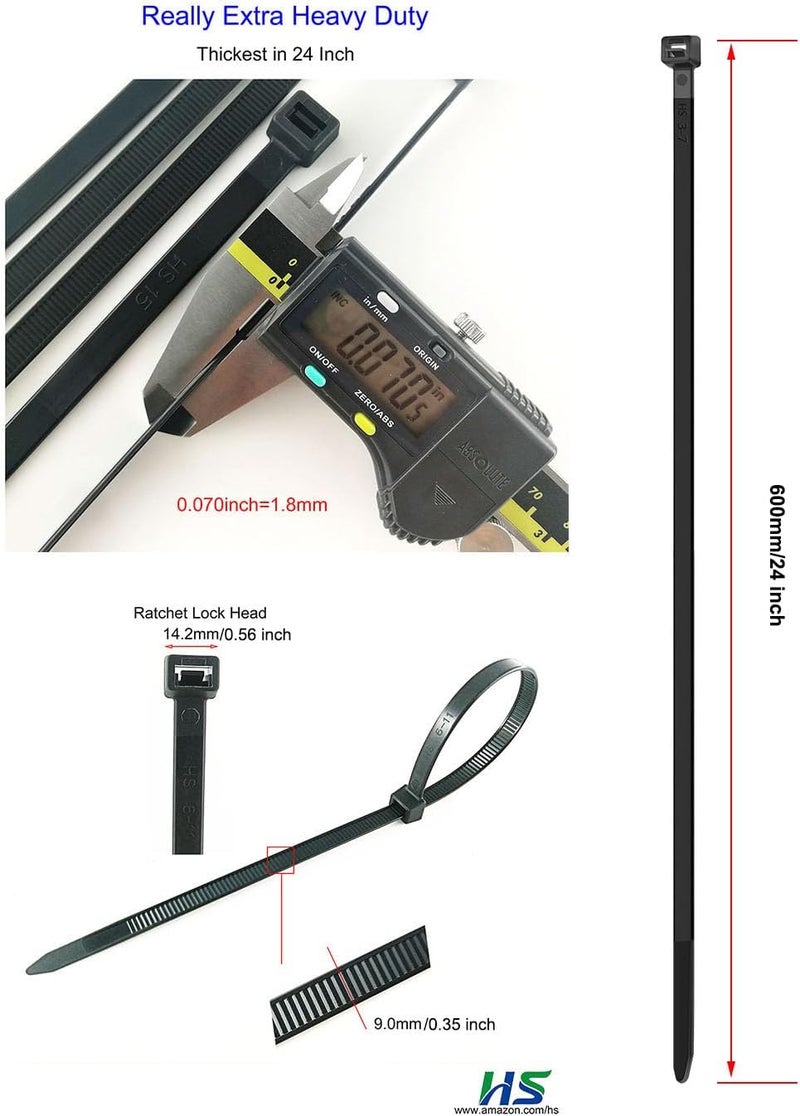 HS Extra Long Cable Zip Ties Heavy Duty 24 Inch, Strong Large Plastic ZipTies Big Straps 200 LBS UV Black 50 Pack,Outdoor Use - Image 2
