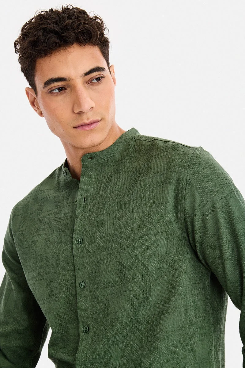SNITCH Green Textured Long Sleeve Regular Fit Shirt