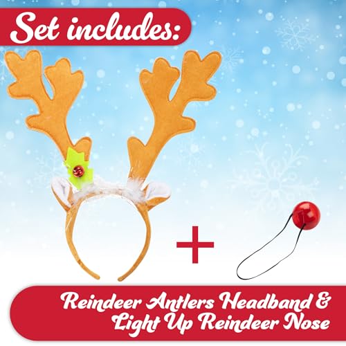 SCS Direct Christmas Holiday Reindeer Antlers Headband w Light Up Nose Costume Deer Rudolph Outfit for Adult Men Women, Kids Party Favor, Barcrawl, Cosplay, Seasonal Gift Exchange, One Size Hair Xmas Accessory - Image 2