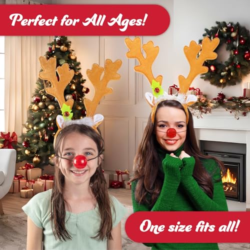 SCS Direct Christmas Holiday Reindeer Antlers Headband w Light Up Nose Costume Deer Rudolph Outfit for Adult Men Women, Kids Party Favor, Barcrawl, Cosplay, Seasonal Gift Exchange, One Size Hair Xmas Accessory - Image 3