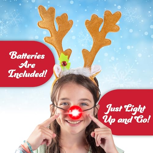 SCS Direct Christmas Holiday Reindeer Antlers Headband w Light Up Nose Costume Deer Rudolph Outfit for Adult Men Women, Kids Party Favor, Barcrawl, Cosplay, Seasonal Gift Exchange, One Size Hair Xmas Accessory - Image 4