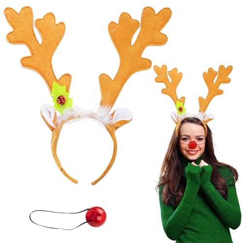 SCS Direct Christmas Holiday Reindeer Antlers Headband w Light Up Nose Costume Deer Rudolph Outfit for Adult Men Women, Kids Party Favor, Barcrawl, Cosplay, Seasonal Gift Exchange, One Size Hair Xmas Accessory - Image 1