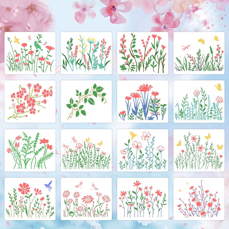 eageus 16 Pieces Wildflower Stencils for Painting, Reusable Small Spring Wild Flower Stencils Wall Stencils, DIY Small Drawing Template Stencil for Painting on Wood Wall Canvas Home Decor(5x6Inch) - Image 5