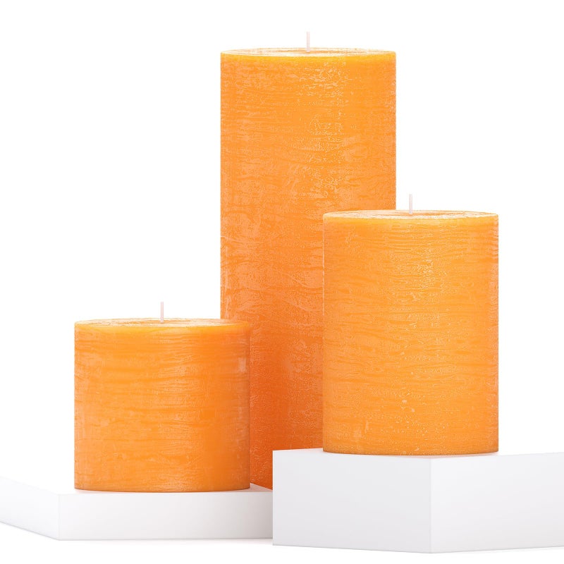 CANDWAX Assorted Pillar Candles Set of 3 Sizes 3 4 8 Unscented Dripless Large Candles Rustic Style for Seasonal Decor Events Weddings Halloween Thanksgiving Orange