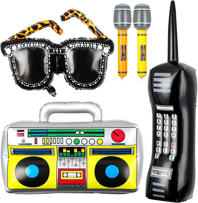 Leitee 5Piece PVC 80s 90s Party Set Inflatable Microphones Boombox Mobile Phone Glasses  Disco Birthday Decorations for Teenagers - Image 1
