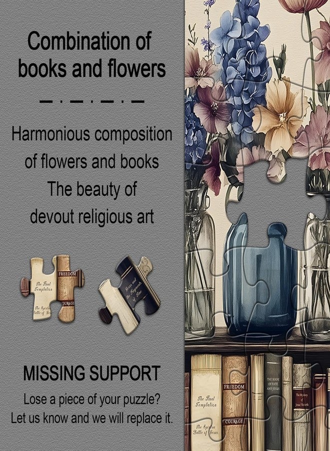 PICKFORU Retro Wildflowers Puzzles for Adults 1000 Pieces, PICKFORU Christian Jesus Floral Book Pages Religious Jigsaw Puzzle, Impossible Challenging Vintage Bookshelf Puzzles as Art Decor - Image 3