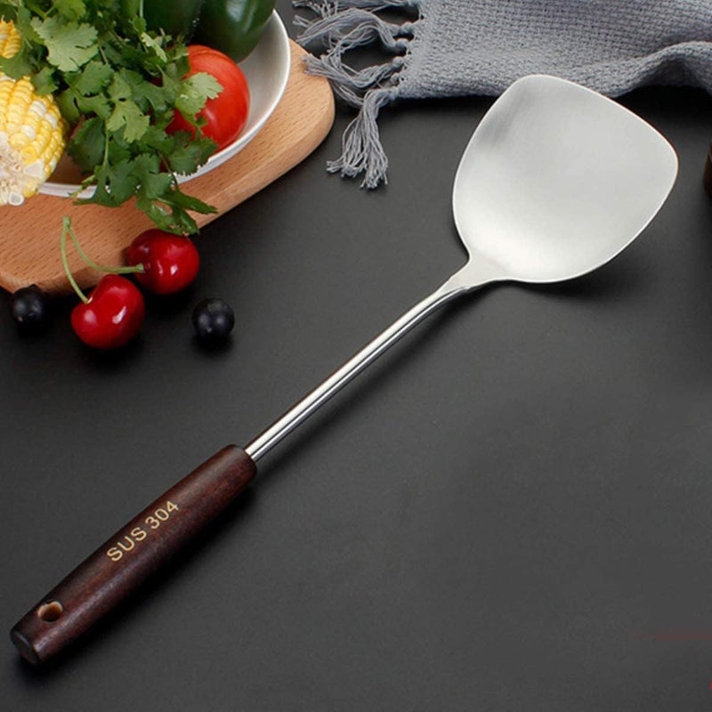 Leeonz Wok Spatula, [Rustproof, Durable] 304 Stainless Steel Spatula Turner Spatula with Heat Resistant Wooden Handle, Cooking Shovel Ladle for Eggs, Pancakes, Omelet, Burger and Other Foods - Image 1