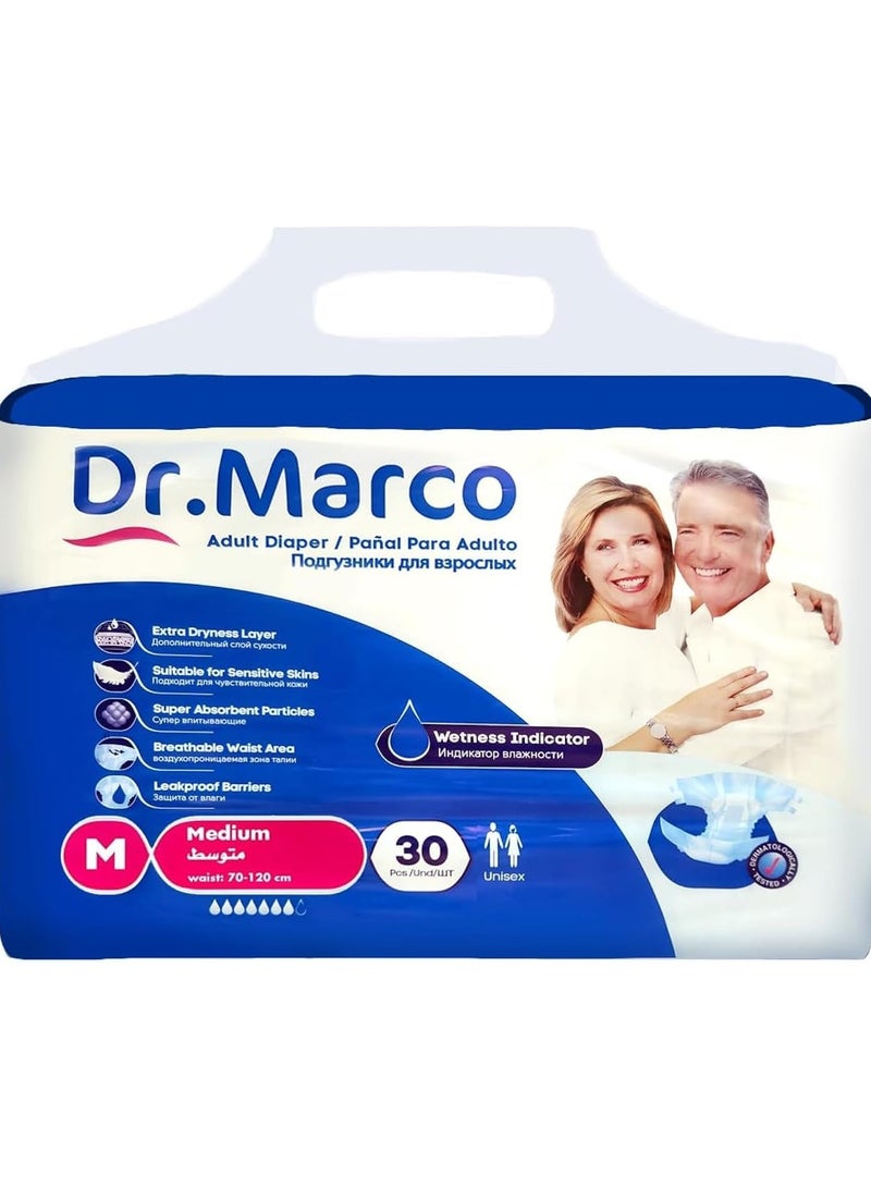 Dr. Marco Adult Diaper, Medium Size, 30 Count Turkish Made Diaper with Extra Dryness Layer and Wetness Indicator - Image 1