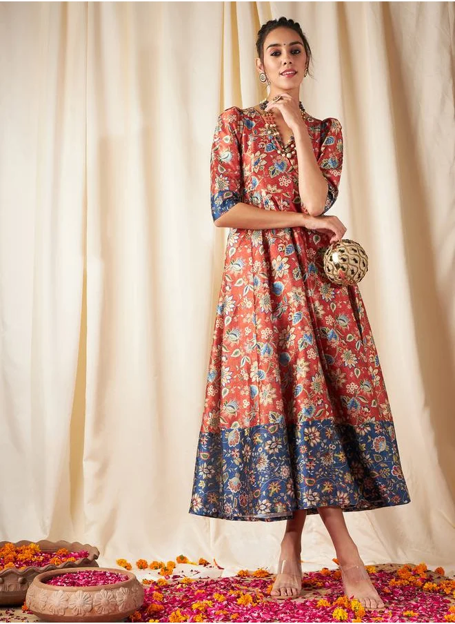 SASSAFRAS Floral All Over Print A-Line Midi Dress by Styli