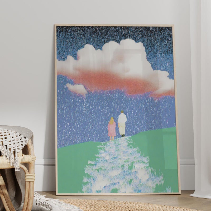 TNESSENTIAL Abstract Couple Under Pink Cloud Wall Art Poster or Canvas Print, Whimsical Rainy Day Landscape, Romantic Stormy Sky Country Print Decor - Image 3