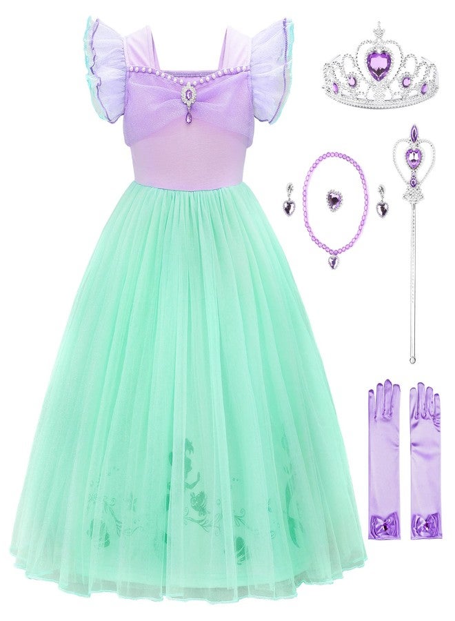 JerrisApparel Little Mermaid Costume For Girls Princess Dress Cosplay Role Play Outfit Accessories (Purple with Accessories, 6-7 Years) - Image 1