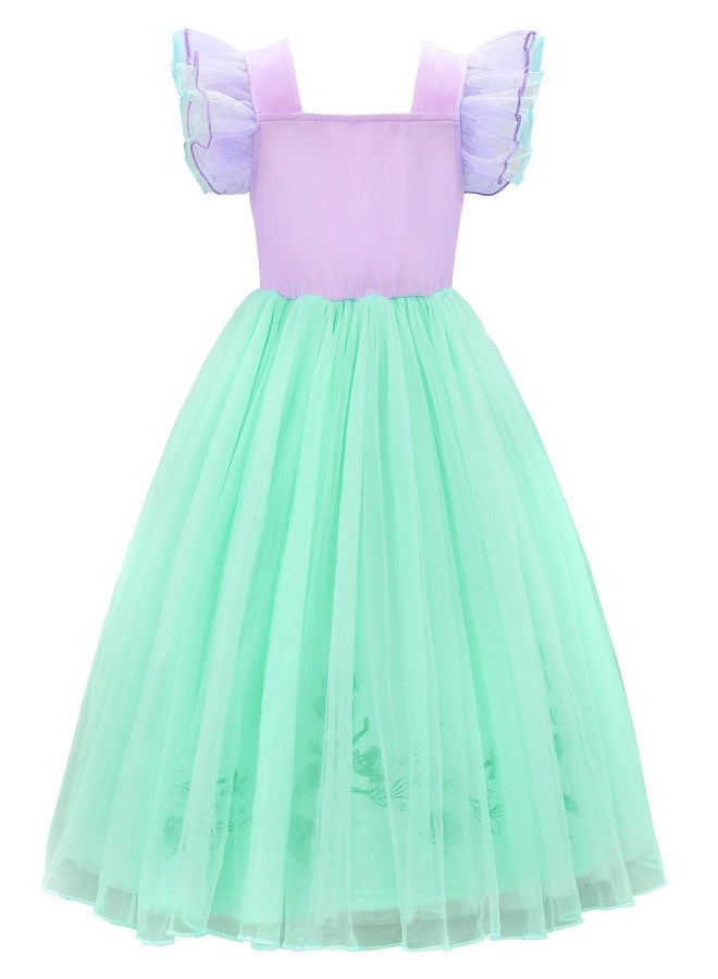 JerrisApparel Little Mermaid Costume For Girls Princess Dress Cosplay Role Play Outfit Accessories (Purple with Accessories, 6-7 Years) - Image 2