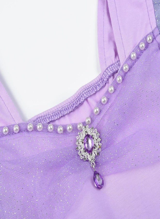 JerrisApparel Little Mermaid Costume For Girls Princess Dress Cosplay Role Play Outfit Accessories (Purple with Accessories, 6-7 Years) - Image 4