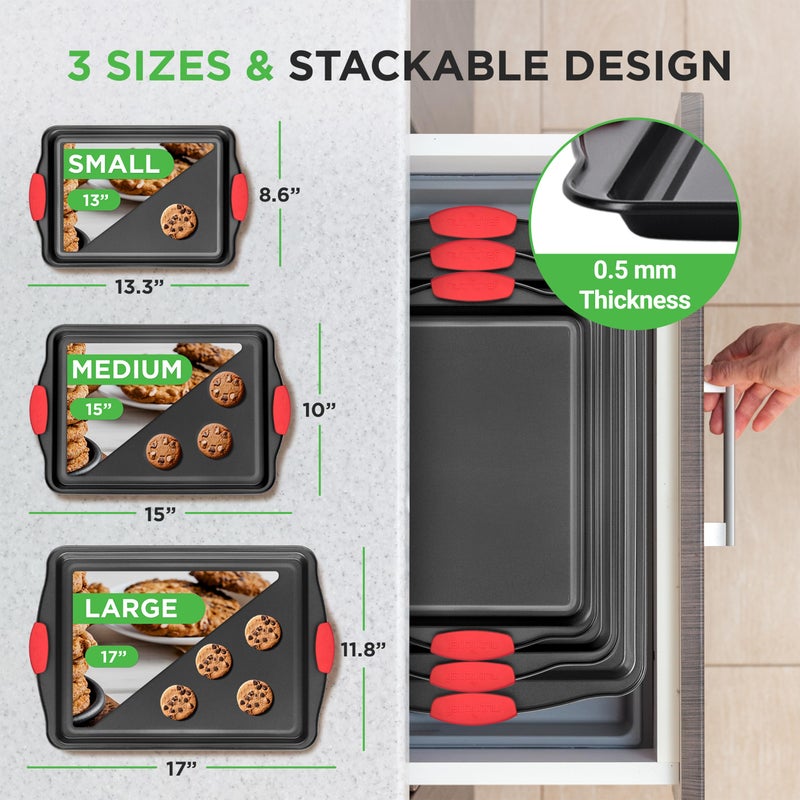 NutriChef 3-Piece Nonstick Kitchen Oven Baking Pans - Premium & Stylish Non-Stick Steel, Commercial Grade Restaurant Quality Metal Bakeware with Red Silicone Handles - Easy to Clean, NCSBS3S - Image 2