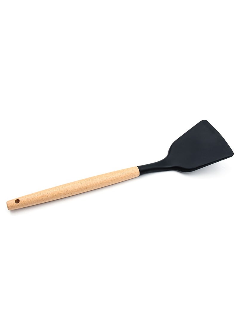 Beram Silicone Solid Turner with Wooden Handles, Heat-Resistant Up to 230°C, Non-Stick Cooking Utensil for Flipping, Lifting, and Serving, Ergonomic Grip, Durable and Stylish, Black - Image 1