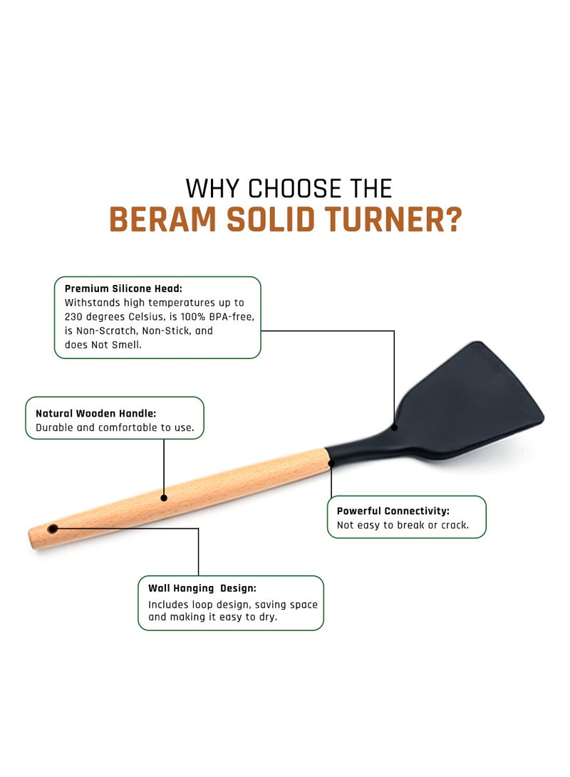 Beram Silicone Solid Turner with Wooden Handles, Heat-Resistant Up to 230°C, Non-Stick Cooking Utensil for Flipping, Lifting, and Serving, Ergonomic Grip, Durable and Stylish, Black - Image 3