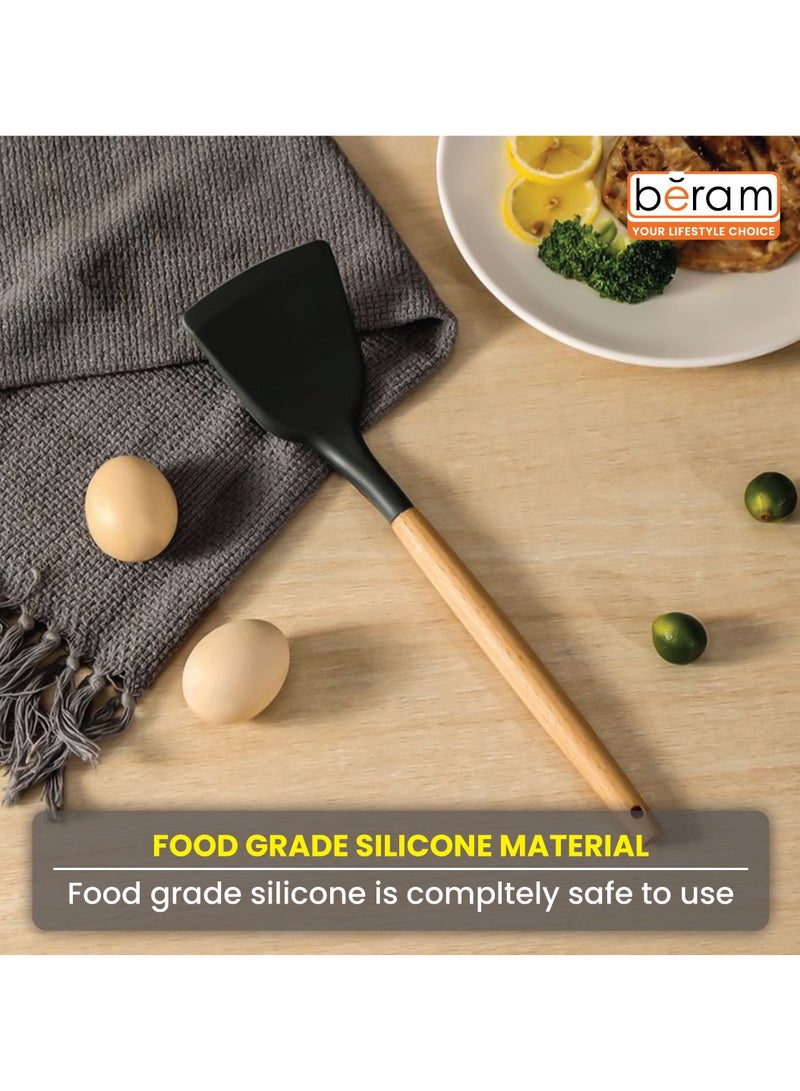 Beram Silicone Solid Turner with Wooden Handles, Heat-Resistant Up to 230°C, Non-Stick Cooking Utensil for Flipping, Lifting, and Serving, Ergonomic Grip, Durable and Stylish, Black - Image 2