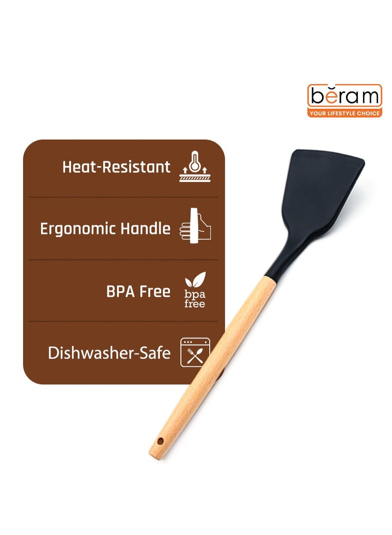 Beram Silicone Solid Turner with Wooden Handles, Heat-Resistant Up to 230°C, Non-Stick Cooking Utensil for Flipping, Lifting, and Serving, Ergonomic Grip, Durable and Stylish, Black - Image 4