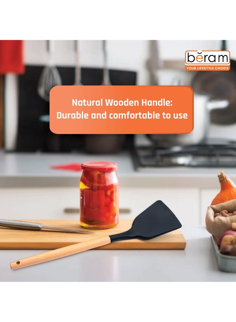 Beram Silicone Solid Turner with Wooden Handles, Heat-Resistant Up to 230°C, Non-Stick Cooking Utensil for Flipping, Lifting, and Serving, Ergonomic Grip, Durable and Stylish, Black - Image 5