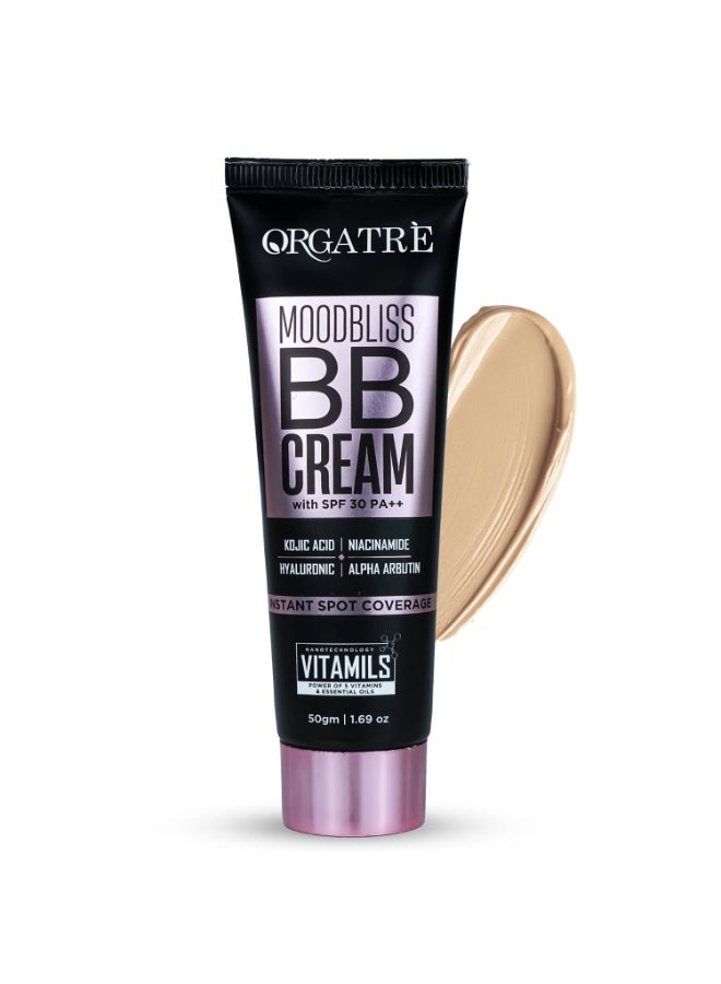 Orgatre كريم "مود بليس" (MoodBliss) بي بي (BB) من "أورجاتري" (ORGATRE) - 50 جم | تغطية فورية للبقع مع حماية SPF 30 PA++ | لمسة إشراق خفيفة تناسب جميع أنواع البشرة | يحتوي على حمض الكوجيك والنياسيناميد | الدرجة: White Beam (وايت بيم) - Image 1