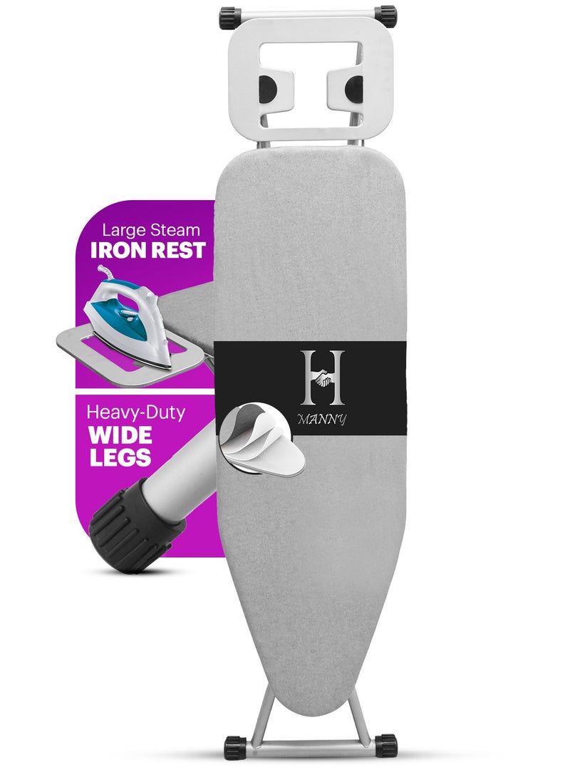 MANNY Folding Ironing Board 92 x 30 cm – Adjustable Height, Sturdy Metal Frame Ironing Table, Foldable Iron Board with Grey Padded Cover & Metalized Iron Rest, Non-Slip Feet, Space-Saving Design. - Image 1