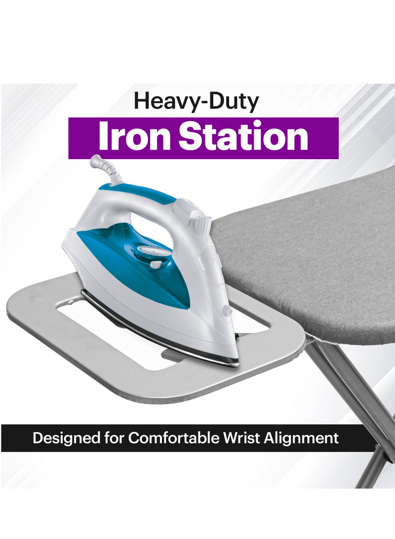 MANNY Folding Ironing Board 92 x 30 cm – Adjustable Height, Sturdy Metal Frame Ironing Table, Foldable Iron Board with Grey Padded Cover & Metalized Iron Rest, Non-Slip Feet, Space-Saving Design. - Image 2