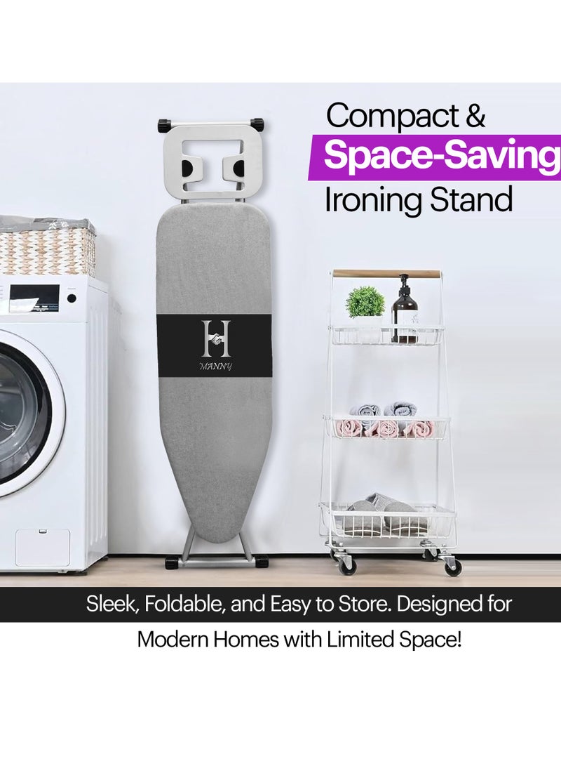 MANNY Folding Ironing Board 92 x 30 cm – Adjustable Height, Sturdy Metal Frame Ironing Table, Foldable Iron Board with Grey Padded Cover & Metalized Iron Rest, Non-Slip Feet, Space-Saving Design. - Image 5