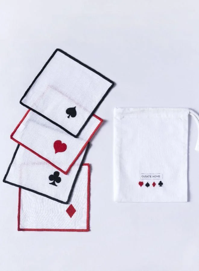 كيوريت هوم Set of 4 Linen Cocktail Napkins – Playing Cards Motif | Curate Home