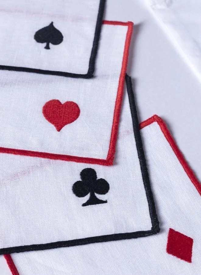 كيوريت هوم Set of 4 Linen Cocktail Napkins – Playing Cards Motif | Curate Home