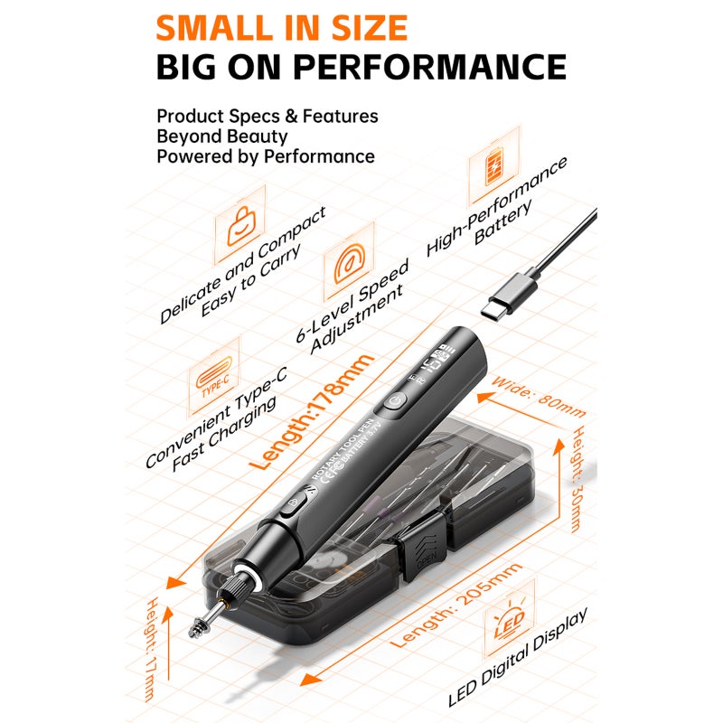 Cordless Precision Rotary Tool Pen Set, 6-Speed Adjustable (5000-16000 RPM), Mini Engraver Pen with LED Display, Forward/Reverse Direction, Type-C Rechargeable Crafting Tool with Accessories for Engraving, Polishing & DIY（Gray） - Image 2