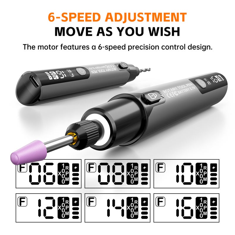 Cordless Precision Rotary Tool Pen Set, 6-Speed Adjustable (5000-16000 RPM), Mini Engraver Pen with LED Display, Forward/Reverse Direction, Type-C Rechargeable Crafting Tool with Accessories for Engraving, Polishing & DIY（Gray） - Image 5