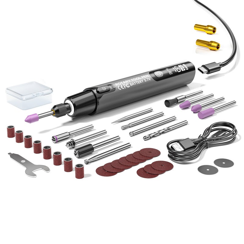 Cordless Precision Rotary Tool Pen Set, 6-Speed Adjustable (5000-16000 RPM), Mini Engraver Pen with LED Display, Forward/Reverse Direction, Type-C Rechargeable Crafting Tool with Accessories for Engraving, Polishing & DIY（Gray） - Image 1