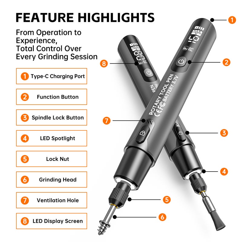 Cordless Precision Rotary Tool Pen Set, 6-Speed Adjustable (5000-16000 RPM), Mini Engraver Pen with LED Display, Forward/Reverse Direction, Type-C Rechargeable Crafting Tool with Accessories for Engraving, Polishing & DIY（Gray） - Image 3
