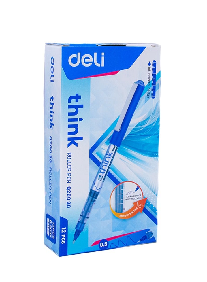 Deli Blue Rollerball Pen 0.5mm , Smooth Writing for Note Taking , Journaling , Drawing , Pack of 12 Pens - Image 1