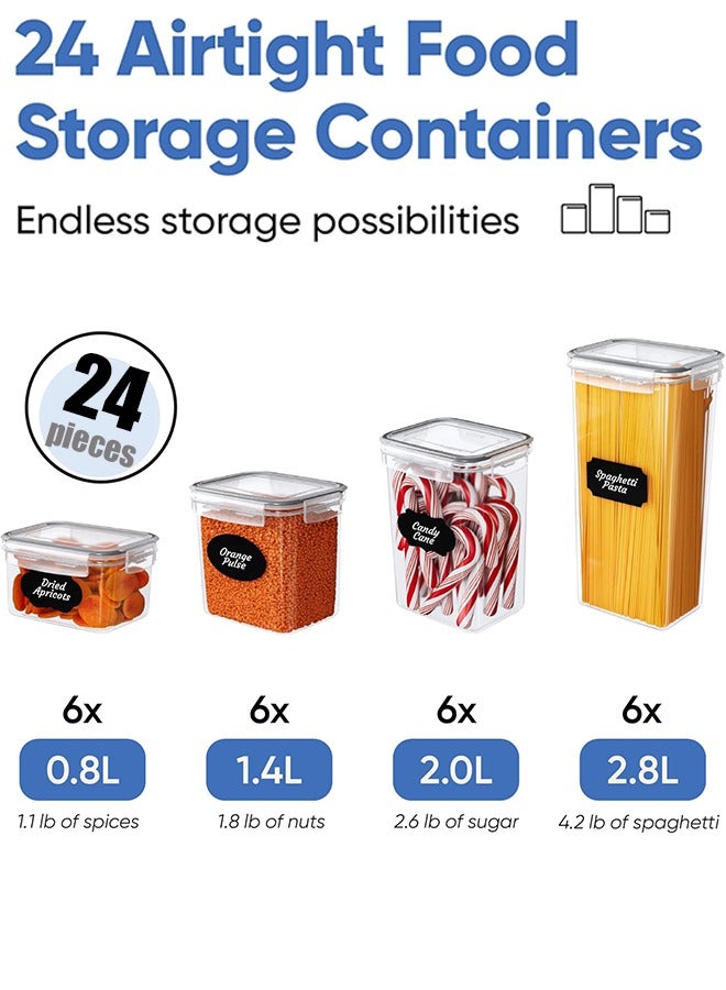 متجر الفرح مجموعة من 24 علبة تخزين طعام محكمة الغلق مع أغطية، لتنظيم المطبخ والمخزن، خالية من مادة BPA، عبوات بلاستيكية بأغطية متينة مثالية للحبوب والدقيق والسكر، مع 24 ملصقًا وقلم تحديد - Image 2