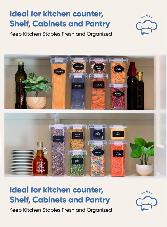 متجر الفرح مجموعة من 24 علبة تخزين طعام محكمة الغلق مع أغطية، لتنظيم المطبخ والمخزن، خالية من مادة BPA، عبوات بلاستيكية بأغطية متينة مثالية للحبوب والدقيق والسكر، مع 24 ملصقًا وقلم تحديد - Image 4