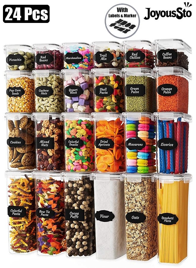 متجر الفرح مجموعة من 24 علبة تخزين طعام محكمة الغلق مع أغطية، لتنظيم المطبخ والمخزن، خالية من مادة BPA، عبوات بلاستيكية بأغطية متينة مثالية للحبوب والدقيق والسكر، مع 24 ملصقًا وقلم تحديد - Image 1